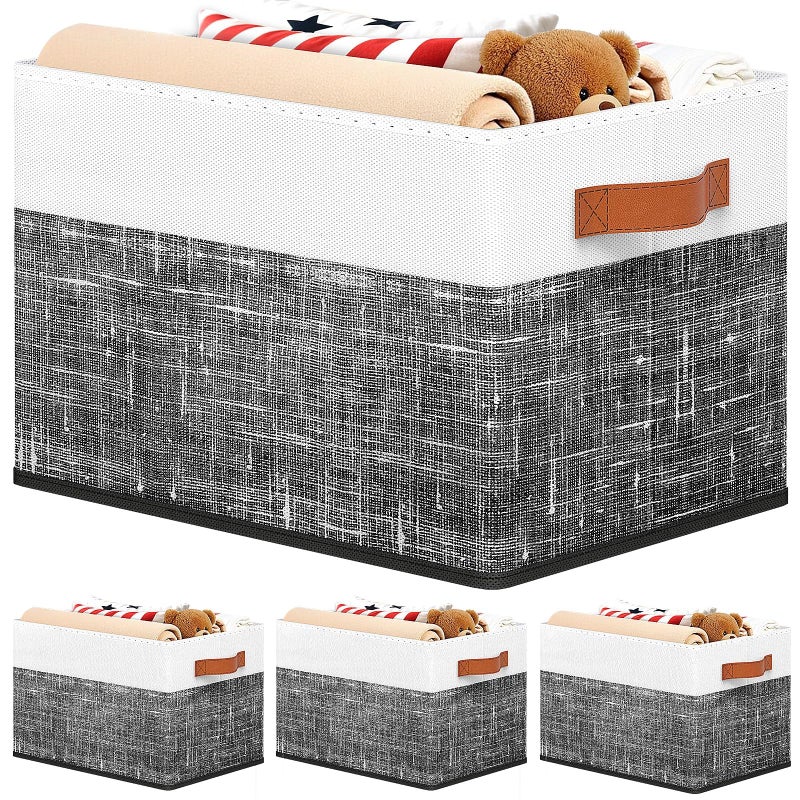 Fab totes Collapsible Storage Baskets for Shelves,14"x10", 4 Pack Foldable Fabric Storage Bins with Double Leather Handles, Large Baskets for Organizing Books, Clothes, White & Black - Image 1
