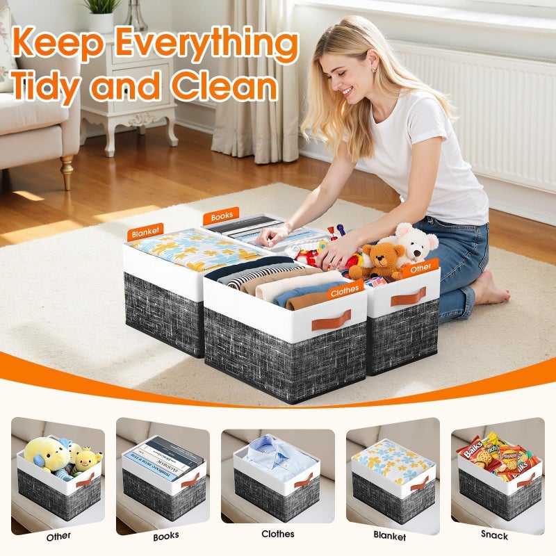 Fab totes Collapsible Storage Baskets for Shelves,14"x10", 4 Pack Foldable Fabric Storage Bins with Double Leather Handles, Large Baskets for Organizing Books, Clothes, White & Black - Image 3