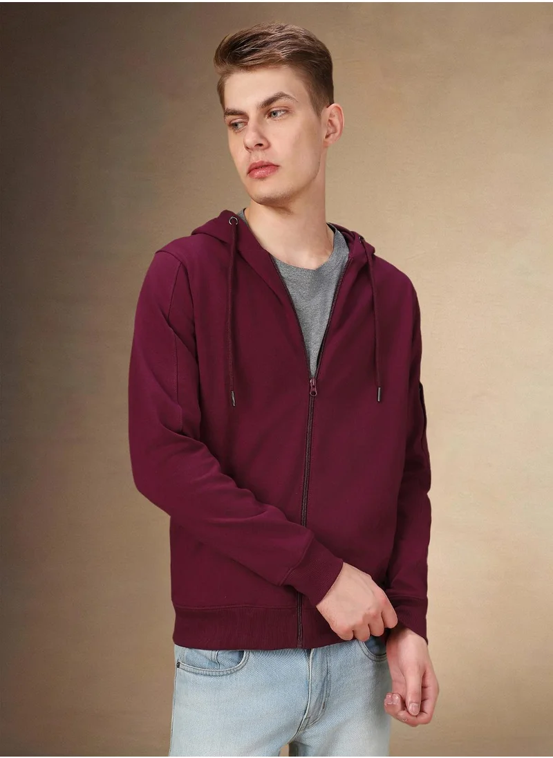 دينيس لينغو Men's Maroon Polyester Blend Solid Regular Fit Sweatshirt