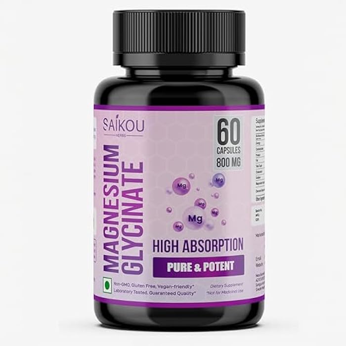 SAIKOU HERBS Chelated Magnesium Glycinate 1600mg per Serving High Absorption, Pure and Potent - 60 Capsules - Image 1