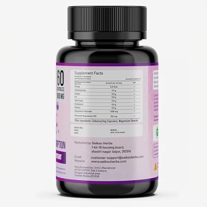 SAIKOU HERBS Chelated Magnesium Glycinate 1600mg per Serving High Absorption, Pure and Potent - 60 Capsules - Image 4