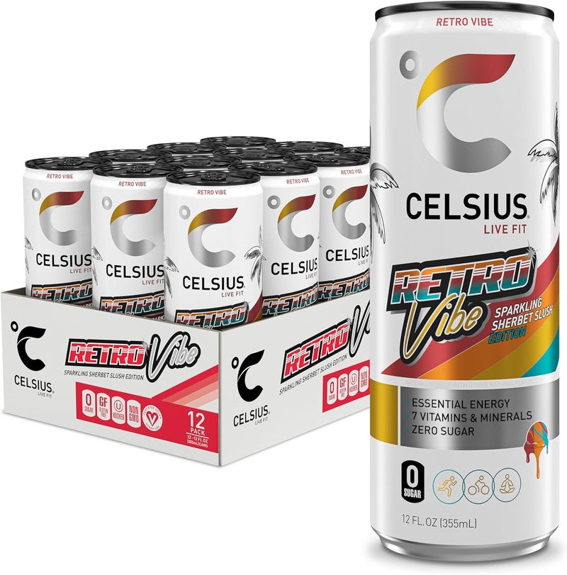 CELSIUS مشروب الطاقة الفوار CELSIUS بتصميم ريترو - 12 أونصة سائلة (عبوة من 12) - خالي من السكر، نباتي، مع 7 فيتامينات أساسية - Image 1