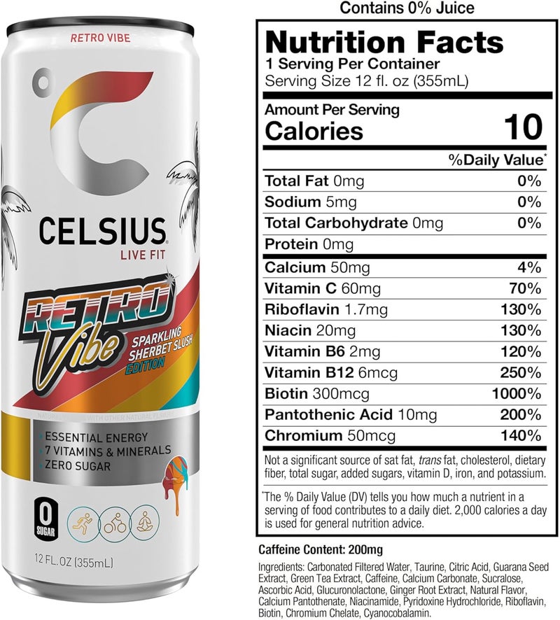 CELSIUS مشروب الطاقة الفوار CELSIUS بتصميم ريترو - 12 أونصة سائلة (عبوة من 12) - خالي من السكر، نباتي، مع 7 فيتامينات أساسية - Image 3