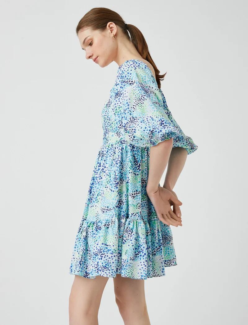 KOTON Patterned Mini Dress Tiered Puff Sleeve