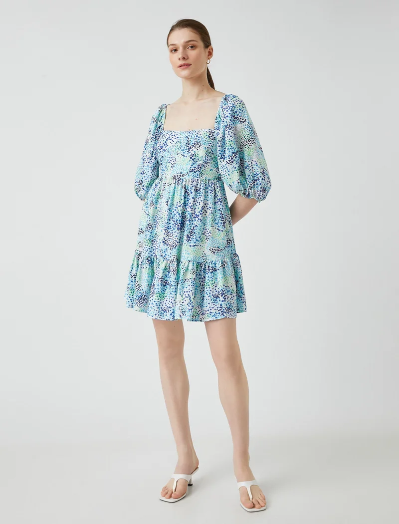 KOTON Patterned Mini Dress Tiered Puff Sleeve