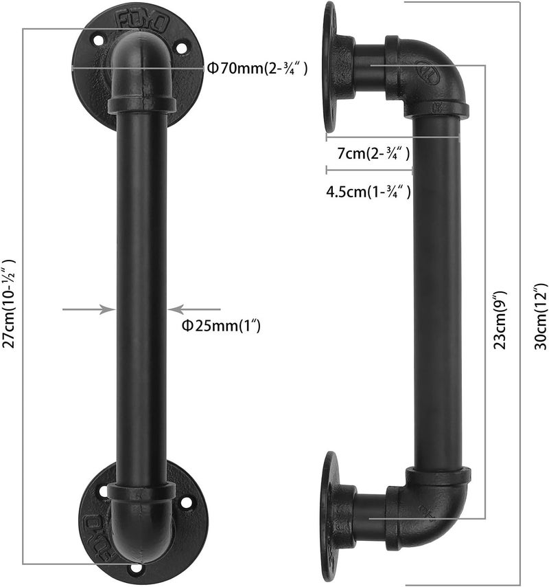 FOYO Set of 2 Industrial Pipe Door Pull Handle, Grab Bar, Towel Bar, Antique Rustic Cast Iron Handrail - Matte Black, 12 Inch - Image 2