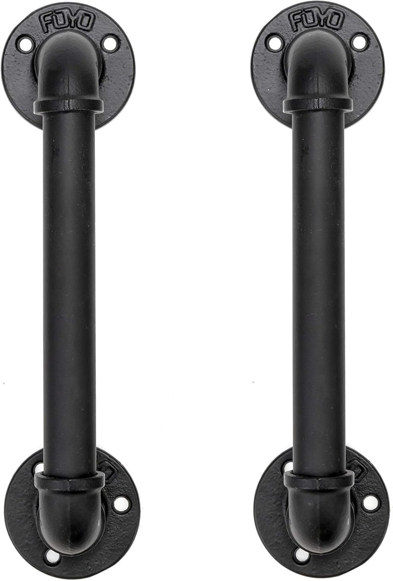 FOYO Set of 2 Industrial Pipe Door Pull Handle, Grab Bar, Towel Bar, Antique Rustic Cast Iron Handrail - Matte Black, 12 Inch - Image 1