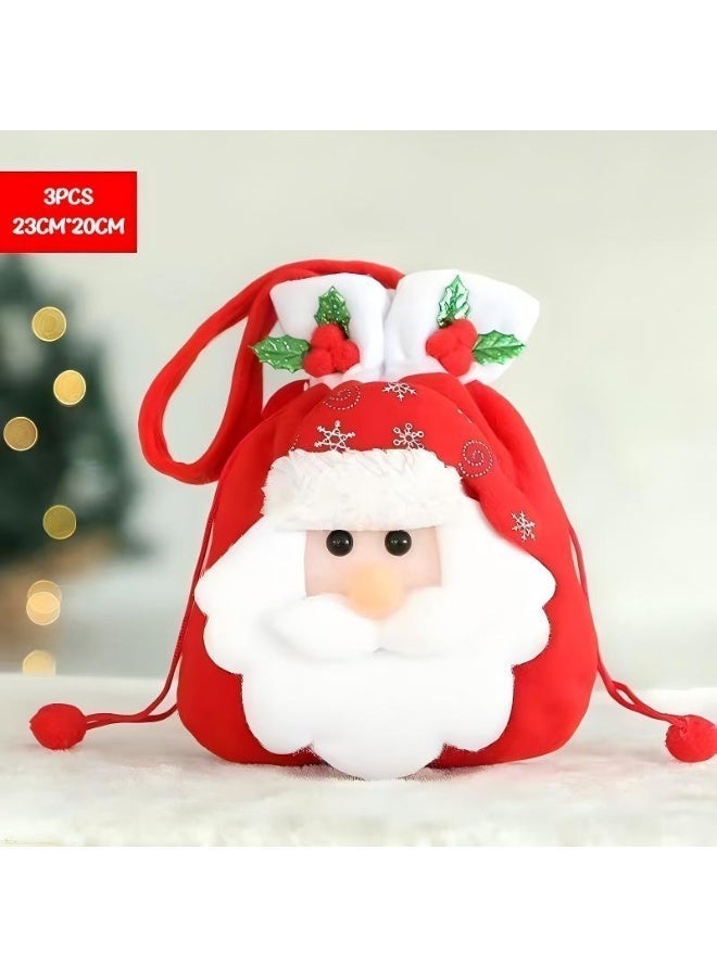 Woofixer Christmas Dolls Bags Candy Bags 3PCS, Drawstring Gift Bags Elk Bear Santa Claus Snowman, Fabric Goody Bag for Christmas, Candy Party Favors Holiday Wrapping - Image 3