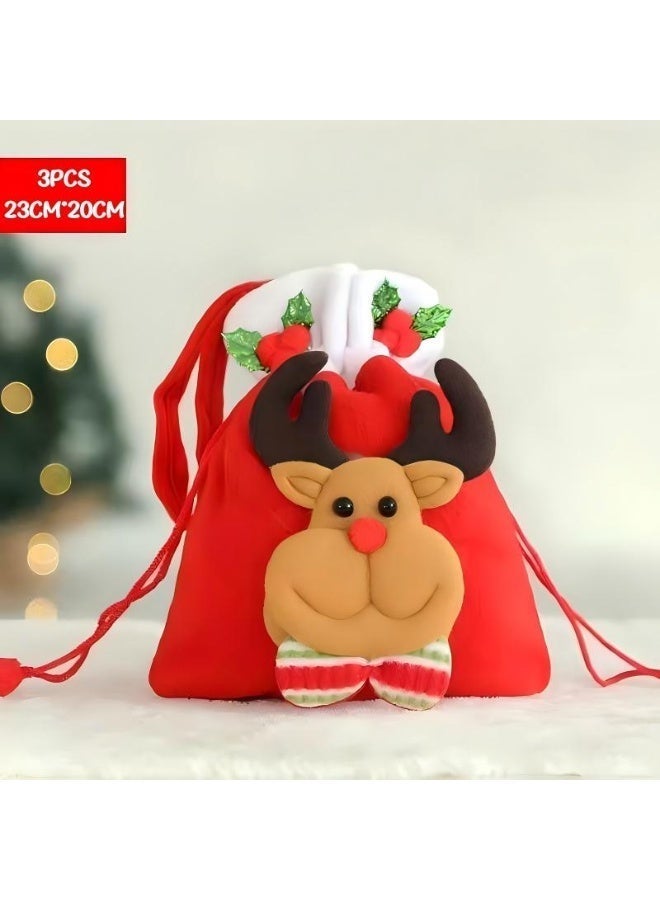 Woofixer Christmas Dolls Bags Candy Bags 3PCS, Drawstring Gift Bags Elk Bear Santa Claus Snowman, Fabric Goody Bag for Christmas, Candy Party Favors Holiday Wrapping - Image 4