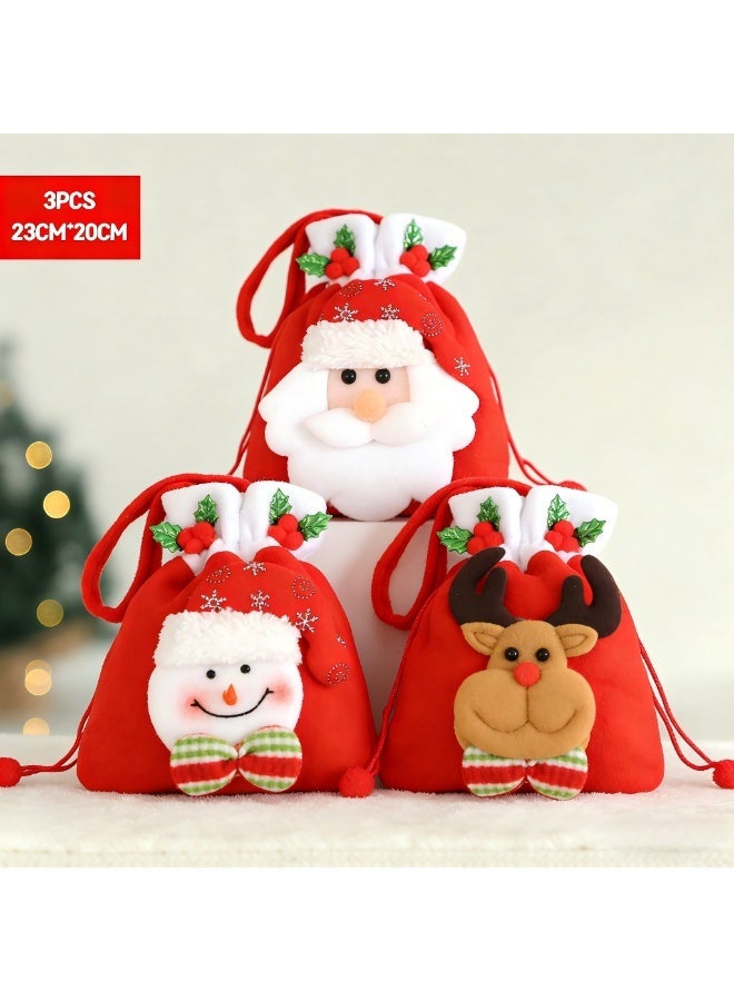 Woofixer Christmas Dolls Bags Candy Bags 3PCS, Drawstring Gift Bags Elk Bear Santa Claus Snowman, Fabric Goody Bag for Christmas, Candy Party Favors Holiday Wrapping - Image 1