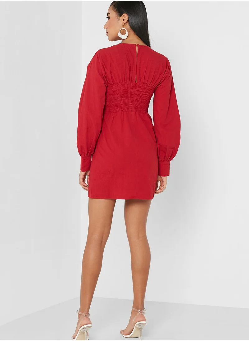 GHOSPELL Balloon Sleeve Crew Neck Dress