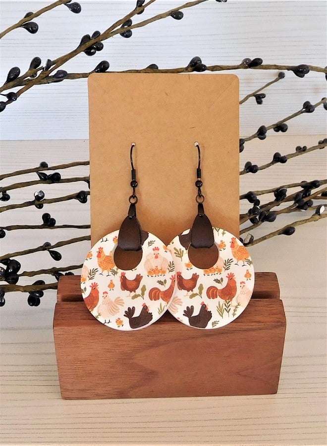 Chicken Pattern Dangle Earrings - Chicken Lady Earrings with Faux Leather Tab - Image 2