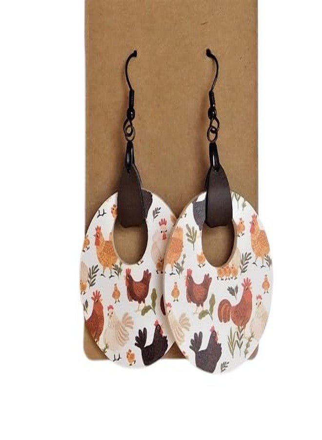 Chicken Pattern Dangle Earrings - Chicken Lady Earrings with Faux Leather Tab - Image 1