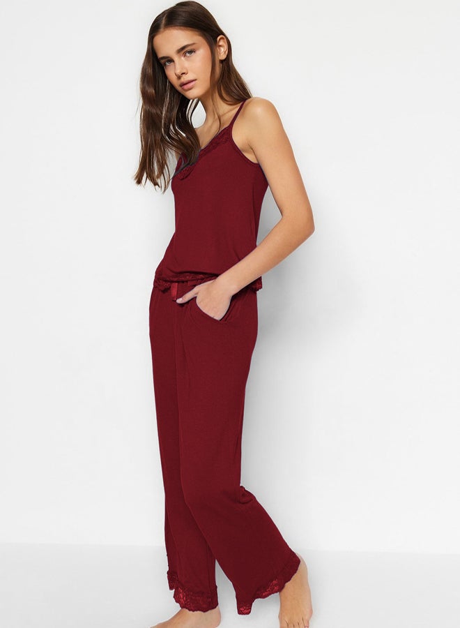 trendyol Burgundy Lace and Ribbon/Bow Detailed Rope Strap Viscose Knitted Pajama Set - Image 2
