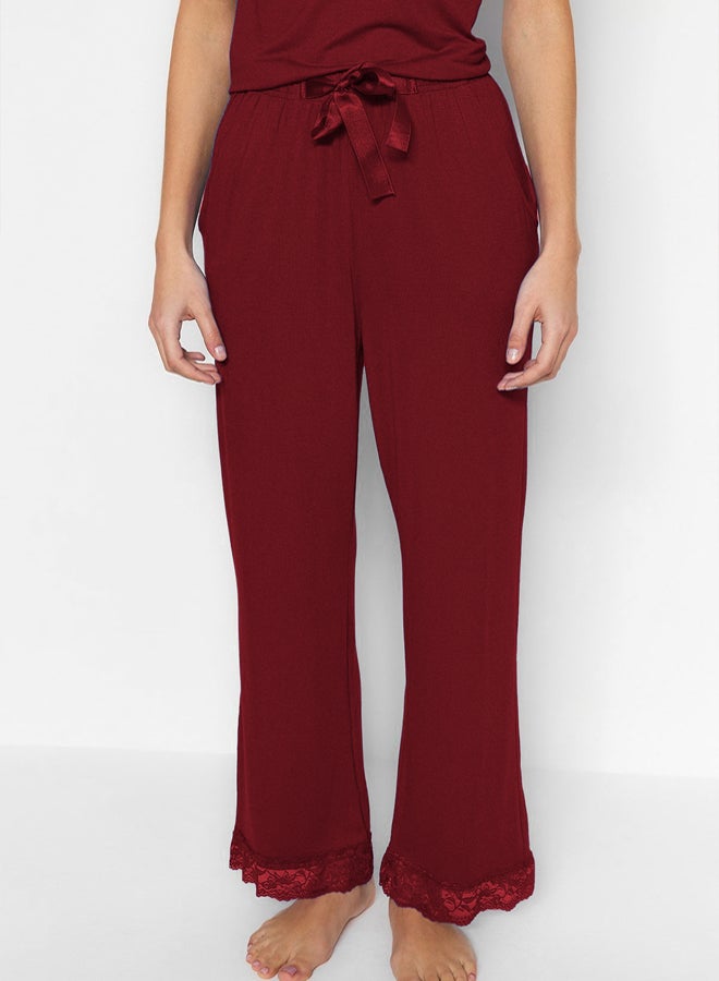 trendyol Burgundy Lace and Ribbon/Bow Detailed Rope Strap Viscose Knitted Pajama Set - Image 4