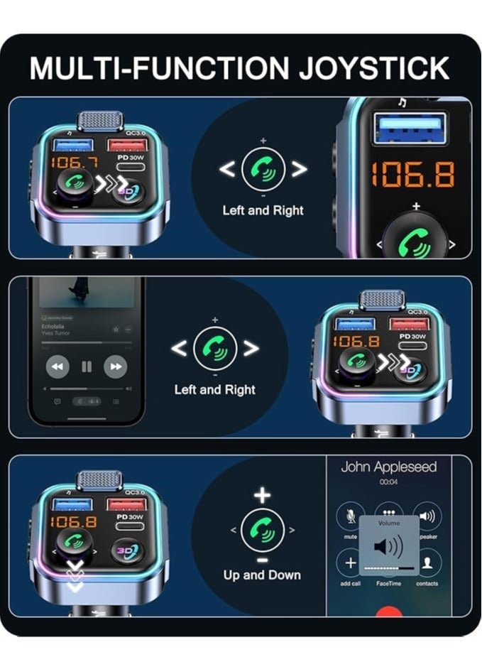 NANAO Bluetooth 5.0 FM Transmitter, Wireless Radio Adapter Car Kit with Type-C PD 18W+ QC3.0 USB Charger, Hands-Free Calling, Audio Stereo Mp3 Player Receiver, Supports U Disk, Color Light - Image 2