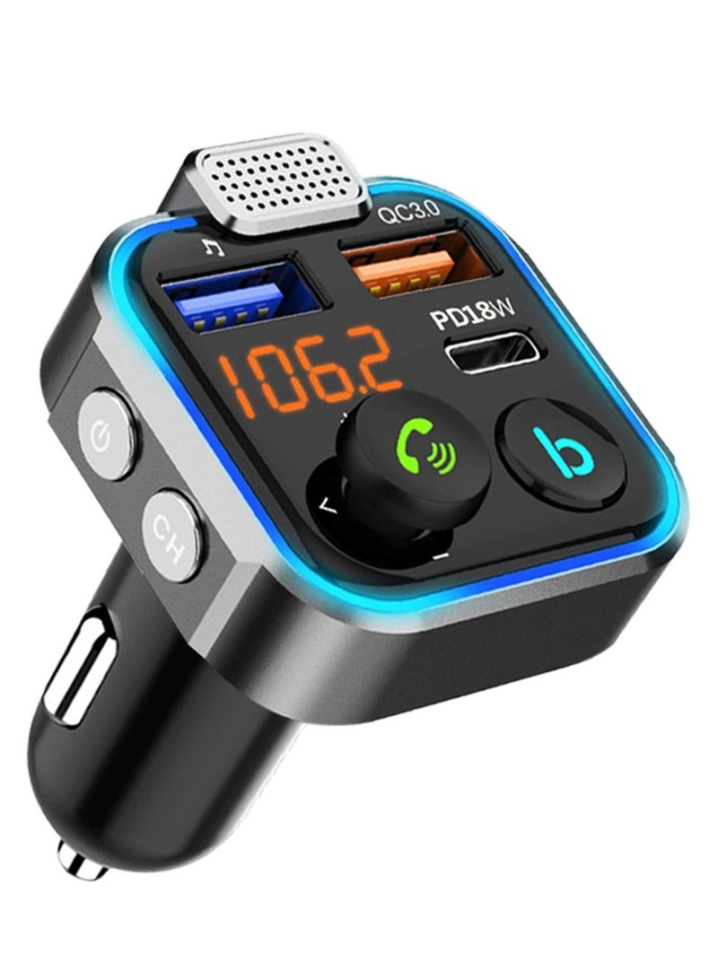 NANAO Bluetooth 5.0 FM Transmitter, Wireless Radio Adapter Car Kit with Type-C PD 18W+ QC3.0 USB Charger, Hands-Free Calling, Audio Stereo Mp3 Player Receiver, Supports U Disk, Color Light - Image 1