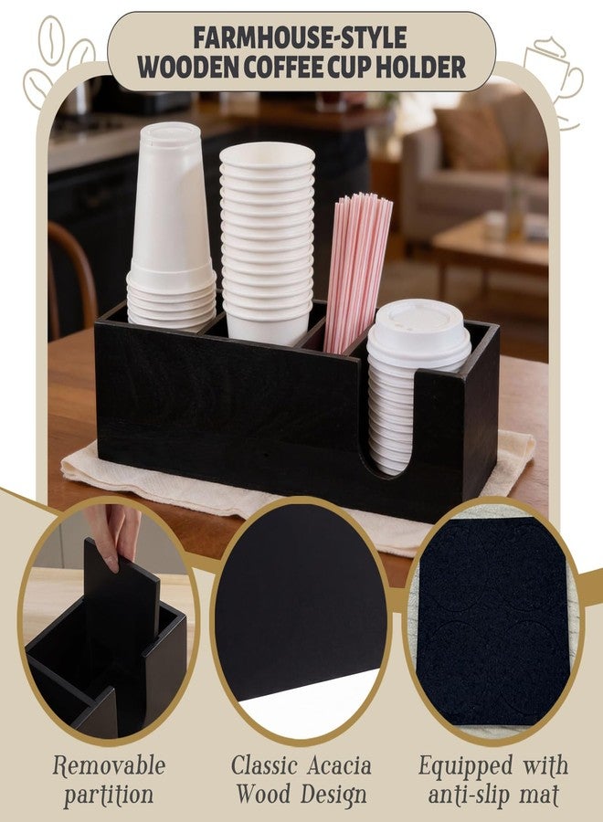 Novabright 4 Compartments Coffee Cup Holder for Countertop Cup Lid and Straw Dispenser Coffee Station Organizer Bar Accessories for Breakroom Restaurant, 15.3 x 4.7 x 4(Black,Pine Wood) - Image 3