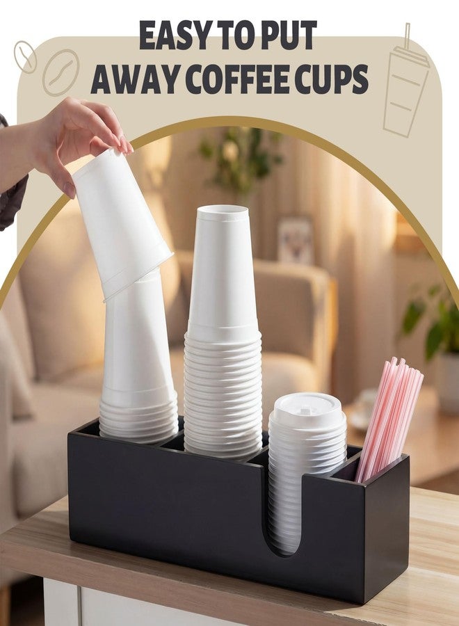 Novabright 4 Compartments Coffee Cup Holder for Countertop Cup Lid and Straw Dispenser Coffee Station Organizer Bar Accessories for Breakroom Restaurant, 15.3 x 4.7 x 4(Black,Pine Wood) - Image 4