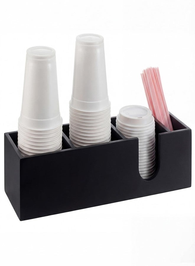 Novabright 4 Compartments Coffee Cup Holder for Countertop Cup Lid and Straw Dispenser Coffee Station Organizer Bar Accessories for Breakroom Restaurant, 15.3 x 4.7 x 4(Black,Pine Wood) - Image 1