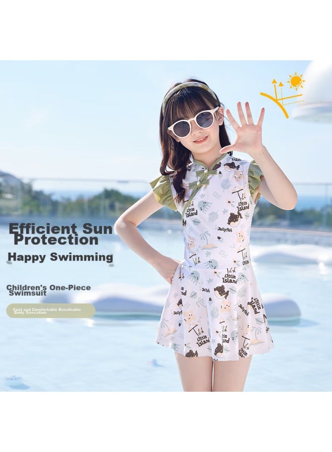 Pull Back Huili ملابس سباحة للأطفال، فستان من قطعة واحدة للفتيات، أزياء وطنية صينية جديدة، للفتيات الأكبر سناً، مجموعة سباحة من أربع قطع، 34084 أخضر، 4XL - Image 1