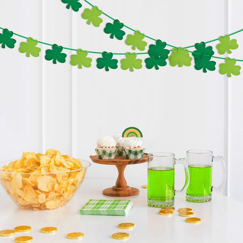 OEAGO St Patricks Day Decorations 5 Pack Shamrock Clover Felt Banner Garland for St Patricks Day Decor Dark Green Light Green for Party Home Store - Image 4