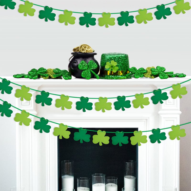 OEAGO St Patricks Day Decorations 5 Pack Shamrock Clover Felt Banner Garland for St Patricks Day Decor Dark Green Light Green for Party Home Store - Image 5
