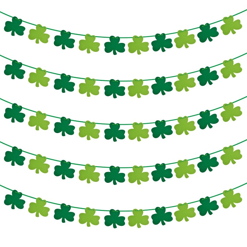 OEAGO St Patricks Day Decorations 5 Pack Shamrock Clover Felt Banner Garland for St Patricks Day Decor Dark Green Light Green for Party Home Store - Image 1