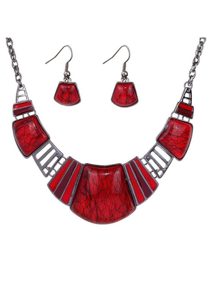 YAZILIND Vintage Ethnic Tibetan Sliver Turquoise Bib Collar Earrings Necklace Jewelry Set Women Gift (Red) - Image 1