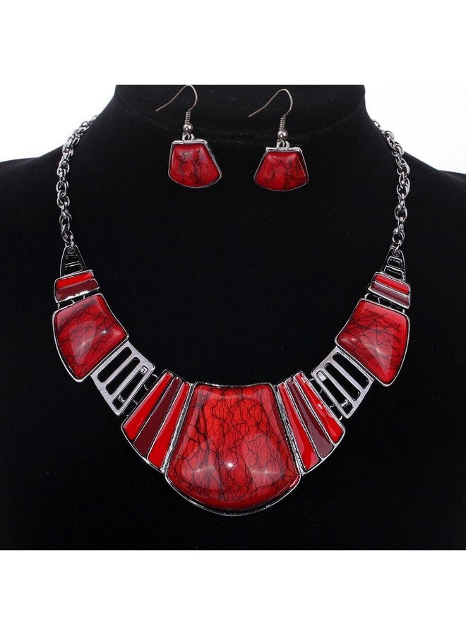 YAZILIND Vintage Ethnic Tibetan Sliver Turquoise Bib Collar Earrings Necklace Jewelry Set Women Gift (Red) - Image 2