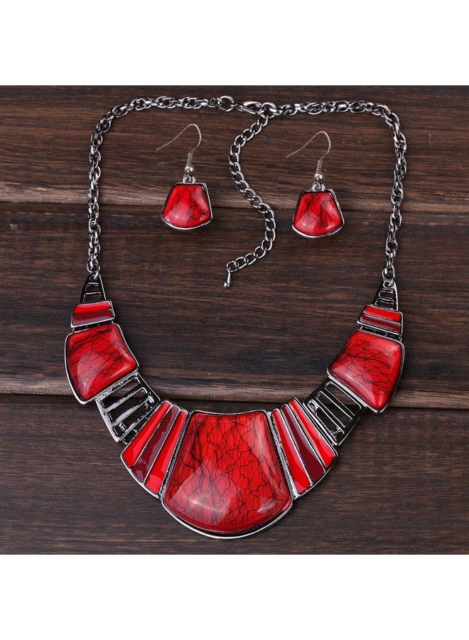 YAZILIND Vintage Ethnic Tibetan Sliver Turquoise Bib Collar Earrings Necklace Jewelry Set Women Gift (Red) - Image 3