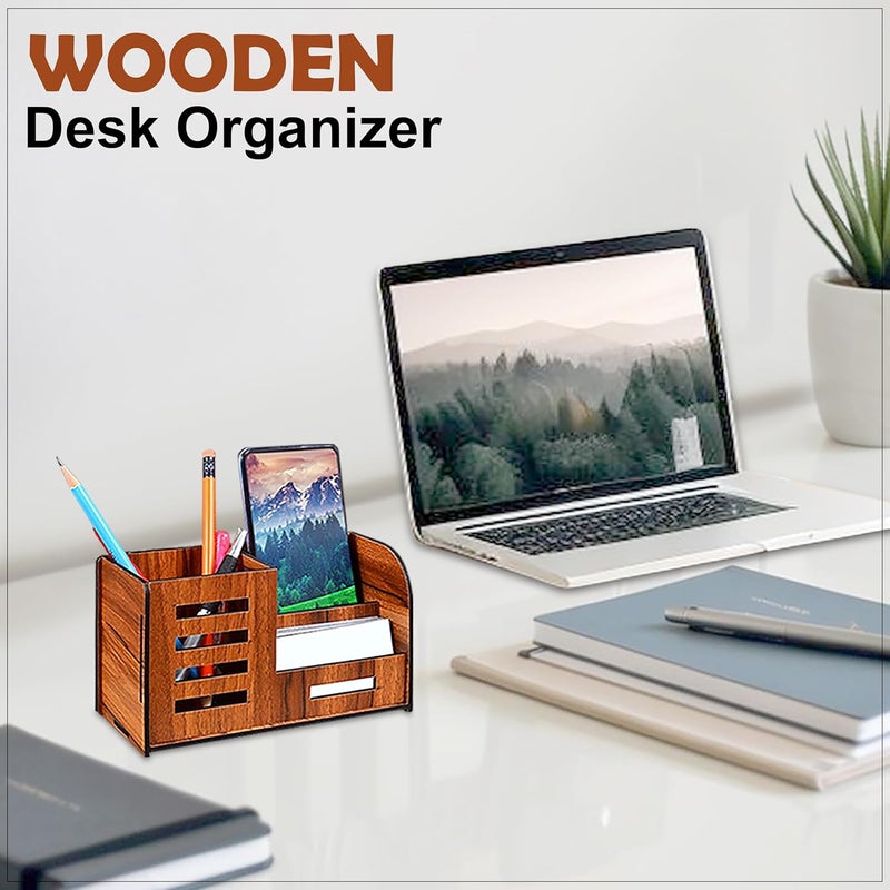 GLUN® Wooden Pen Stand with Mobile u0026 Visiting Card Holder | Multipurpose Desk Organizer for Office u0026 Home | Pen Pencil Stand with Business Card Holder Brown, 8X17.5X10 Cm - Image 2