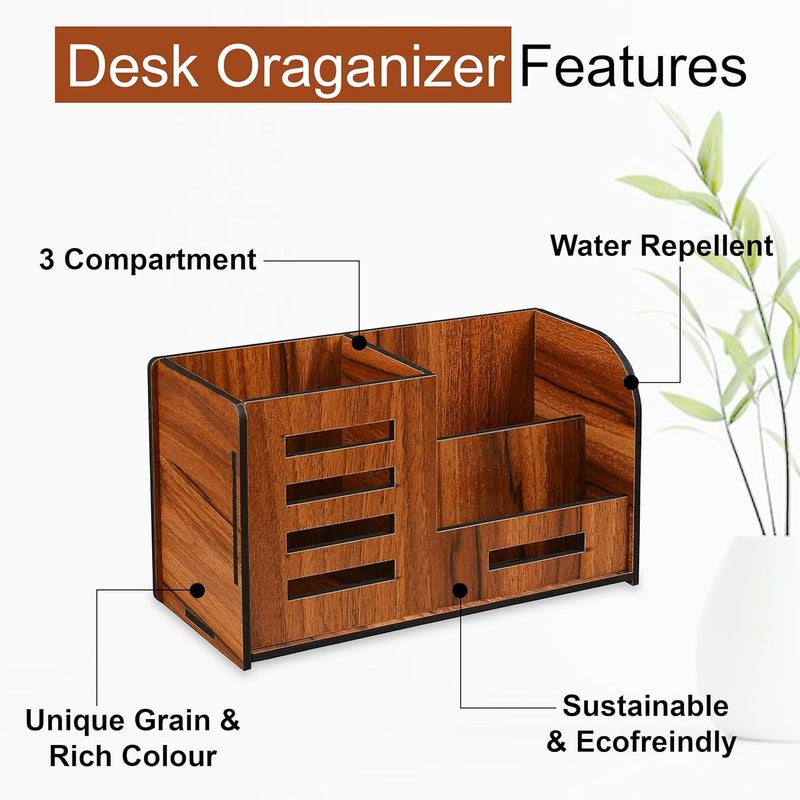 GLUN® Wooden Pen Stand with Mobile u0026 Visiting Card Holder | Multipurpose Desk Organizer for Office u0026 Home | Pen Pencil Stand with Business Card Holder Brown, 8X17.5X10 Cm - Image 3
