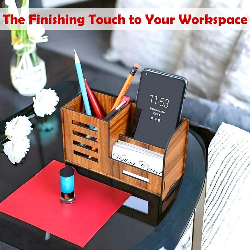 GLUN® Wooden Pen Stand with Mobile u0026 Visiting Card Holder | Multipurpose Desk Organizer for Office u0026 Home | Pen Pencil Stand with Business Card Holder Brown, 8X17.5X10 Cm - Image 4