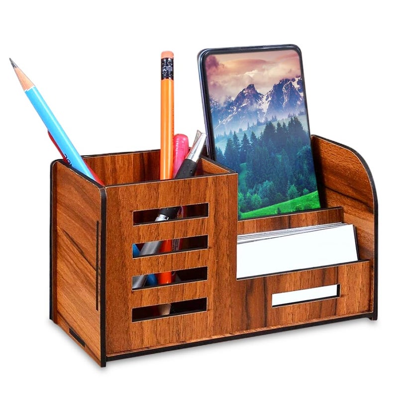 GLUN® Wooden Pen Stand with Mobile u0026 Visiting Card Holder | Multipurpose Desk Organizer for Office u0026 Home | Pen Pencil Stand with Business Card Holder Brown, 8X17.5X10 Cm - Image 1