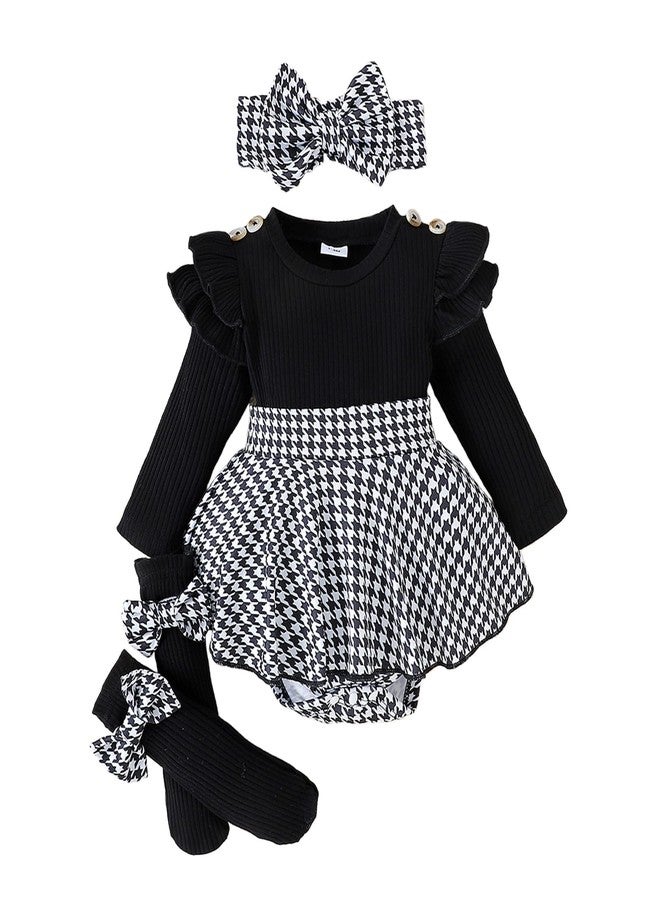 Mieeyali Newborn Baby Girl Fall Winter Clothes Cute Ruffle Bow Romper Dress+Socks+Headband Infant Girl Outfits (Black, 3-6 Months) - Image 1