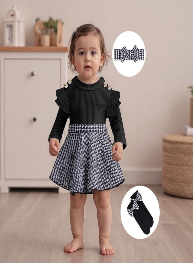 Mieeyali Newborn Baby Girl Fall Winter Clothes Cute Ruffle Bow Romper Dress+Socks+Headband Infant Girl Outfits (Black, 3-6 Months) - Image 2