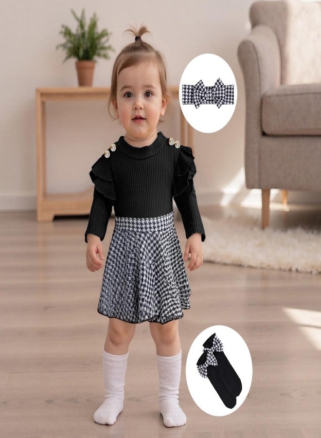 Mieeyali Newborn Baby Girl Fall Winter Clothes Cute Ruffle Bow Romper Dress+Socks+Headband Infant Girl Outfits (Black, 3-6 Months) - Image 3