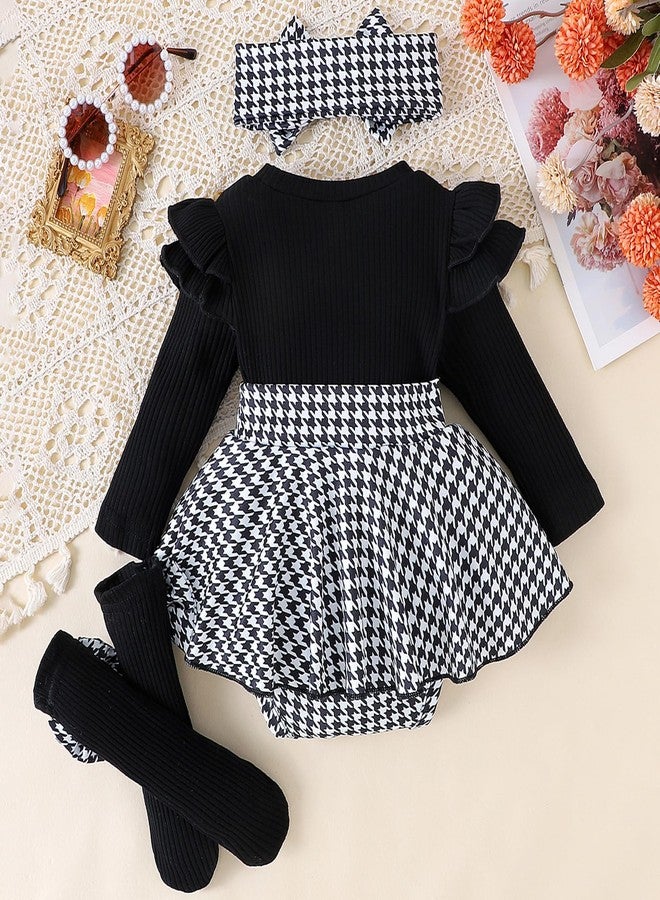 Mieeyali Newborn Baby Girl Fall Winter Clothes Cute Ruffle Bow Romper Dress+Socks+Headband Infant Girl Outfits (Black, 3-6 Months) - Image 4