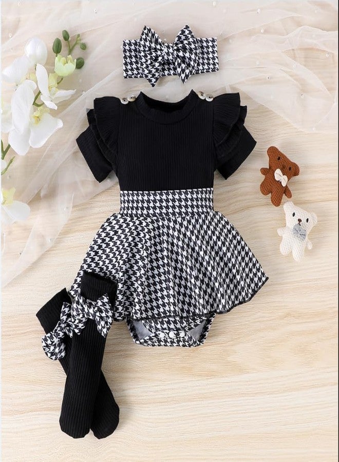 Mieeyali Newborn Baby Girl Fall Winter Clothes Cute Ruffle Bow Romper Dress+Socks+Headband Infant Girl Outfits (Black, 3-6 Months) - Image 5