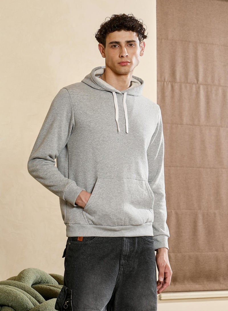 Campus Sutra Men's Regular Pullover Hoodie | Hooded Neck , Long Ribbed Cuff Sleeves , Pull On Closure , Ribbed-Straight Hem | Solid Knitted Plain For Casual & Daily | Light Grey - Image 1