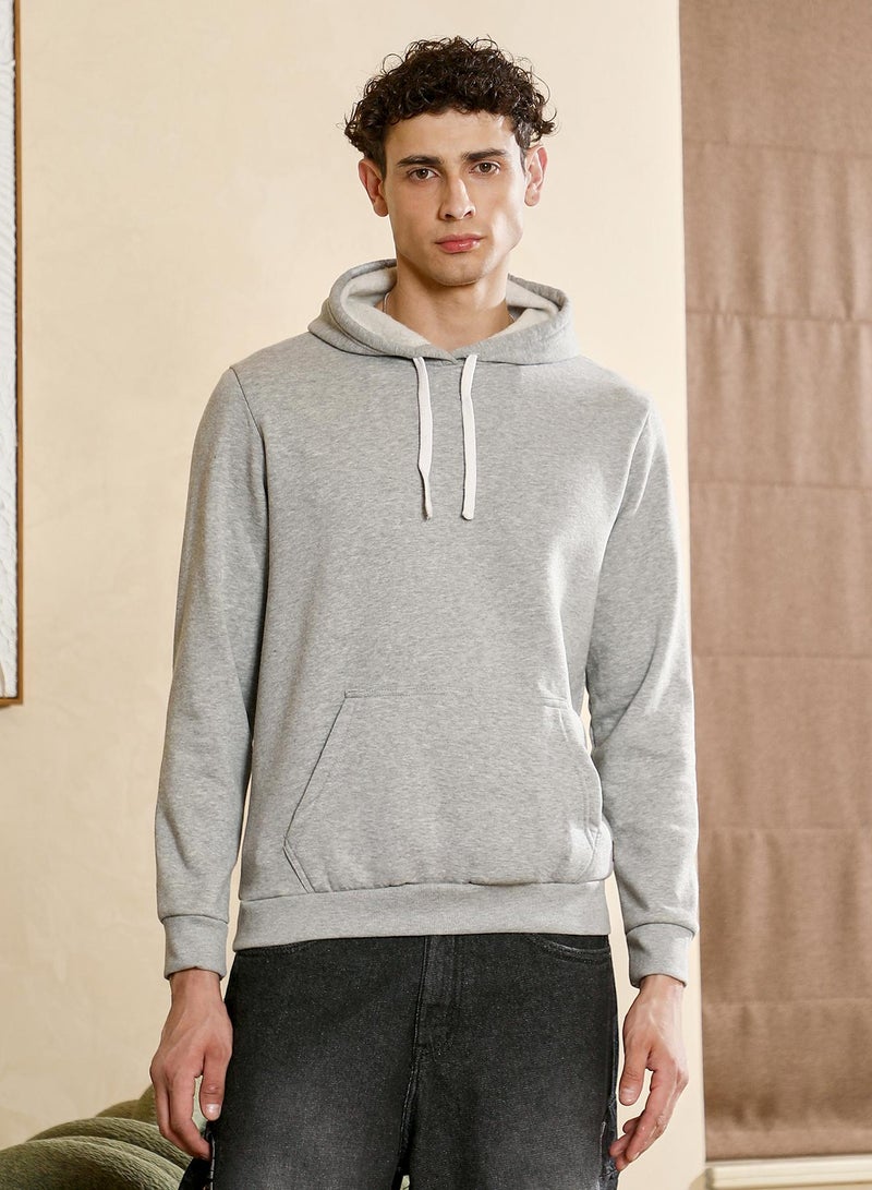 Campus Sutra Men's Regular Pullover Hoodie | Hooded Neck , Long Ribbed Cuff Sleeves , Pull On Closure , Ribbed-Straight Hem | Solid Knitted Plain For Casual & Daily | Light Grey - Image 2