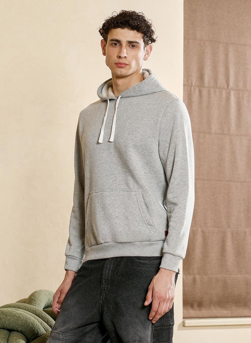 Campus Sutra Men's Regular Pullover Hoodie | Hooded Neck , Long Ribbed Cuff Sleeves , Pull On Closure , Ribbed-Straight Hem | Solid Knitted Plain For Casual & Daily | Light Grey - Image 3