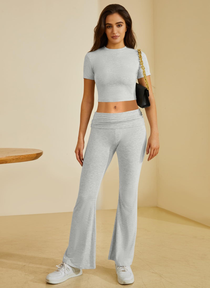 COPYLEAF Two Piece Lounge Sets for Women Fold Over Flare Pants Short Sleeve Crop Top Y2k Outfits Matching Set Tracksuit(Light Grey S) - Image 1