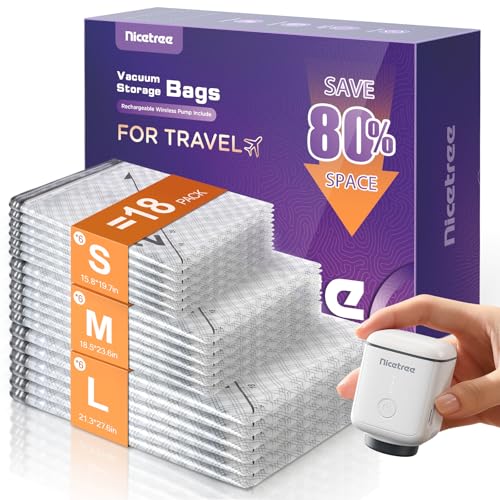 Nicetree 18-Pack Vacuum Seal Bags with Rechargeable Wireless Pump | 3 Sizes (20/24/28 Inch) Travel Vacuum Storage Bags for Clothing, Bedding & Seasonal Storage | Space Saver for Luggage - Image 1