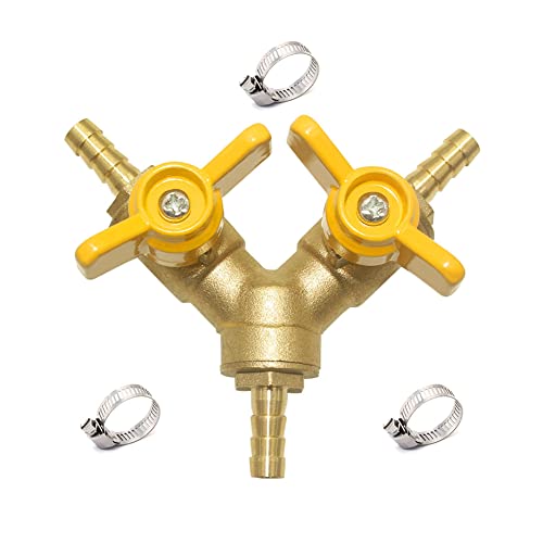 Hooshing 3 Way Shut Off Valve 1/4" Hose Barb 2 Switch Y Shaped Ball Valve Soild Brass with Stainless Clamps for Water Fuel Air - Image 1