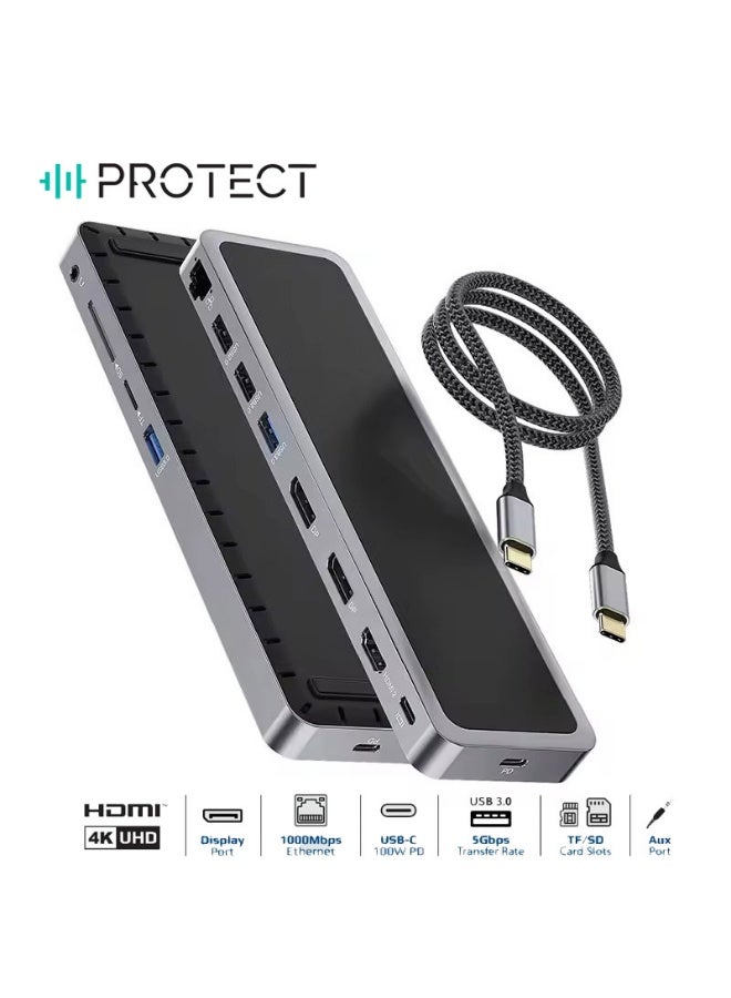 بروتيكت يو اس بي هاب من بروتكت 12 منفذ مع كابل C-C بقدرة 100 واط | منفذي DisplayPort بدقة 4K@120Hz + منفذ HDMI بدقة 4K@60Hz | دعم ثلاث شاشات | منافذ USB 3.0 | إيثرنت | قارئ بطاقات SD/TF | منفذ صوت | متوافقة مع ماك بوك و ويندوز - Image 2