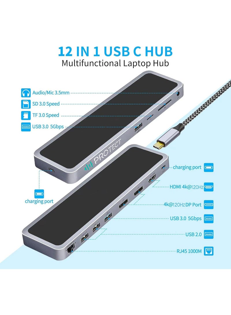 بروتيكت يو اس بي هاب من بروتكت 12 منفذ مع كابل C-C بقدرة 100 واط | منفذي DisplayPort بدقة 4K@120Hz + منفذ HDMI بدقة 4K@60Hz | دعم ثلاث شاشات | منافذ USB 3.0 | إيثرنت | قارئ بطاقات SD/TF | منفذ صوت | متوافقة مع ماك بوك و ويندوز - Image 5
