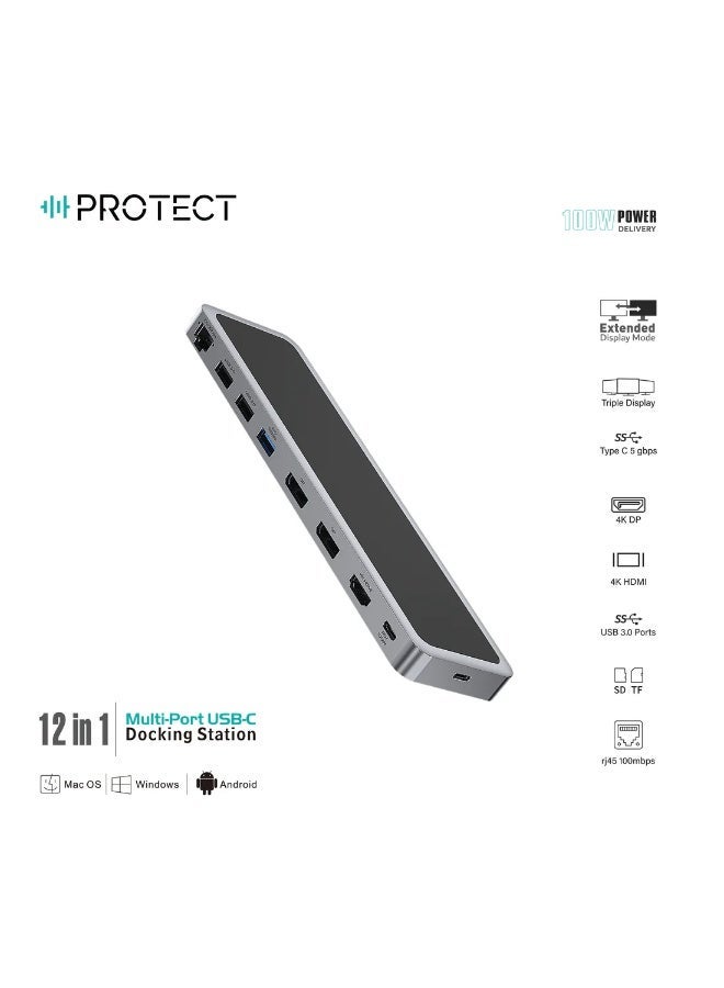 بروتيكت يو اس بي هاب من بروتكت 12 منفذ مع كابل C-C بقدرة 100 واط | منفذي DisplayPort بدقة 4K@120Hz + منفذ HDMI بدقة 4K@60Hz | دعم ثلاث شاشات | منافذ USB 3.0 | إيثرنت | قارئ بطاقات SD/TF | منفذ صوت | متوافقة مع ماك بوك و ويندوز - Image 2
