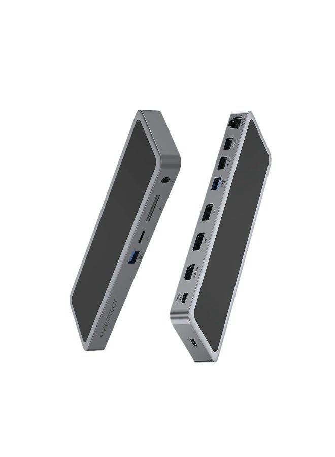 PROTECT 12-in-1 Hub USB-C Docking Station with 100W C-C Cable | Dual DisplayPort 4K@120Hz + HDMI 4K@60Hz | Triple Monitor | USB 3.0 | Ethernet | SD/TF | Audio | For MacBook & Windows